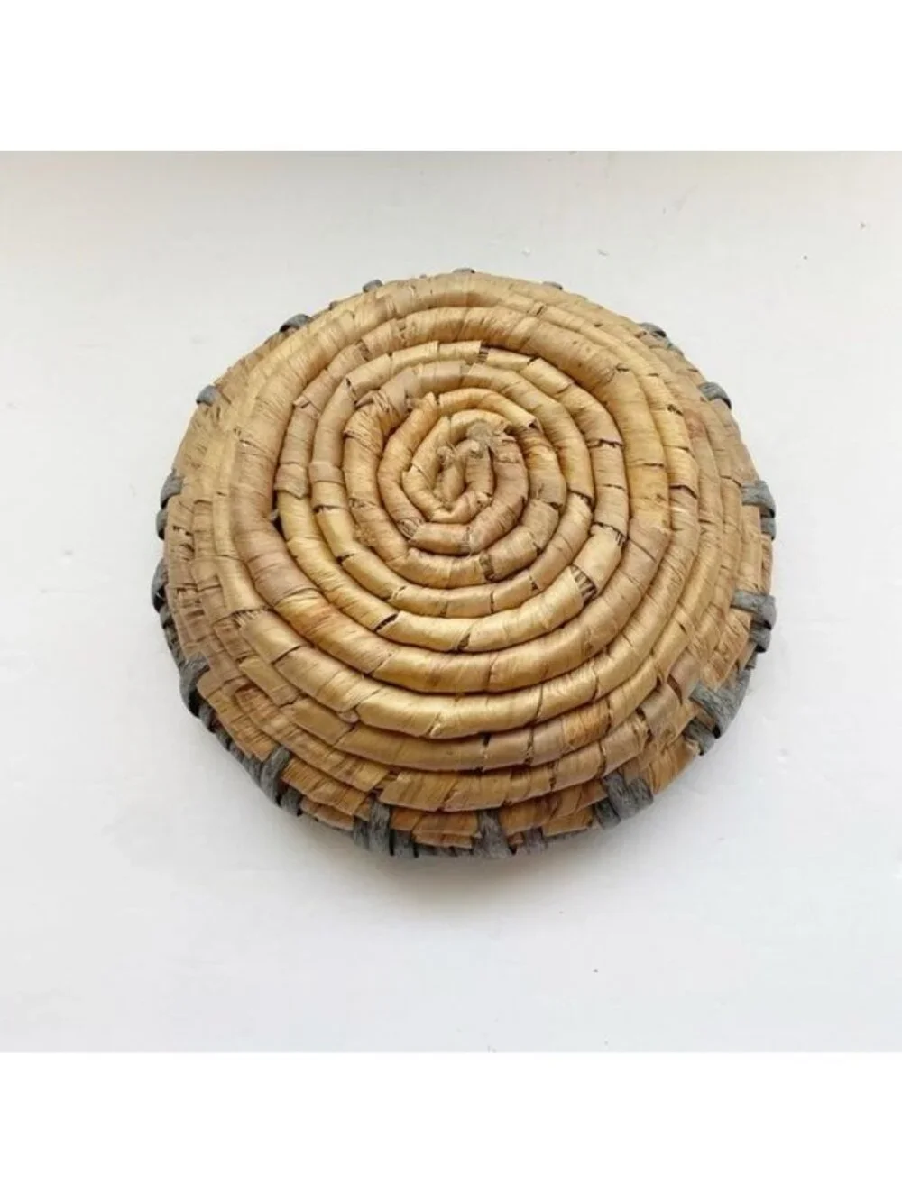 Small Hand-Made Coiled Natural Fiber Basket With Gray Top Coil